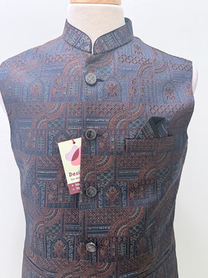 Men’s Navy Blue Brocade Nehru Jacket – Multicolor Woven Design Indian Wedding Waistcoat, Festive Modi Jacket, J-3090