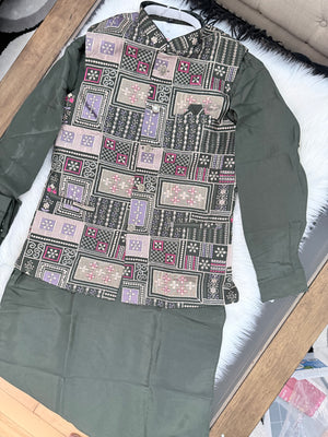 Stylish Men’s 3-Piece Olive Green Shade Kurta Pajama Set with Embroidered Sequins Jacket, Silk Ethnic Wear for Wedding & Festive, KPJ-2034