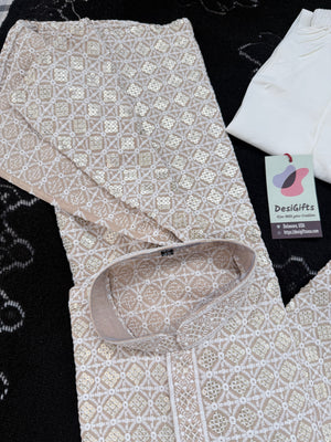 Men's Kurta Pajama set with Embroidery and Sequins in Light Beige Shade. Two-piece Indian traditional outfit., KP - 1424