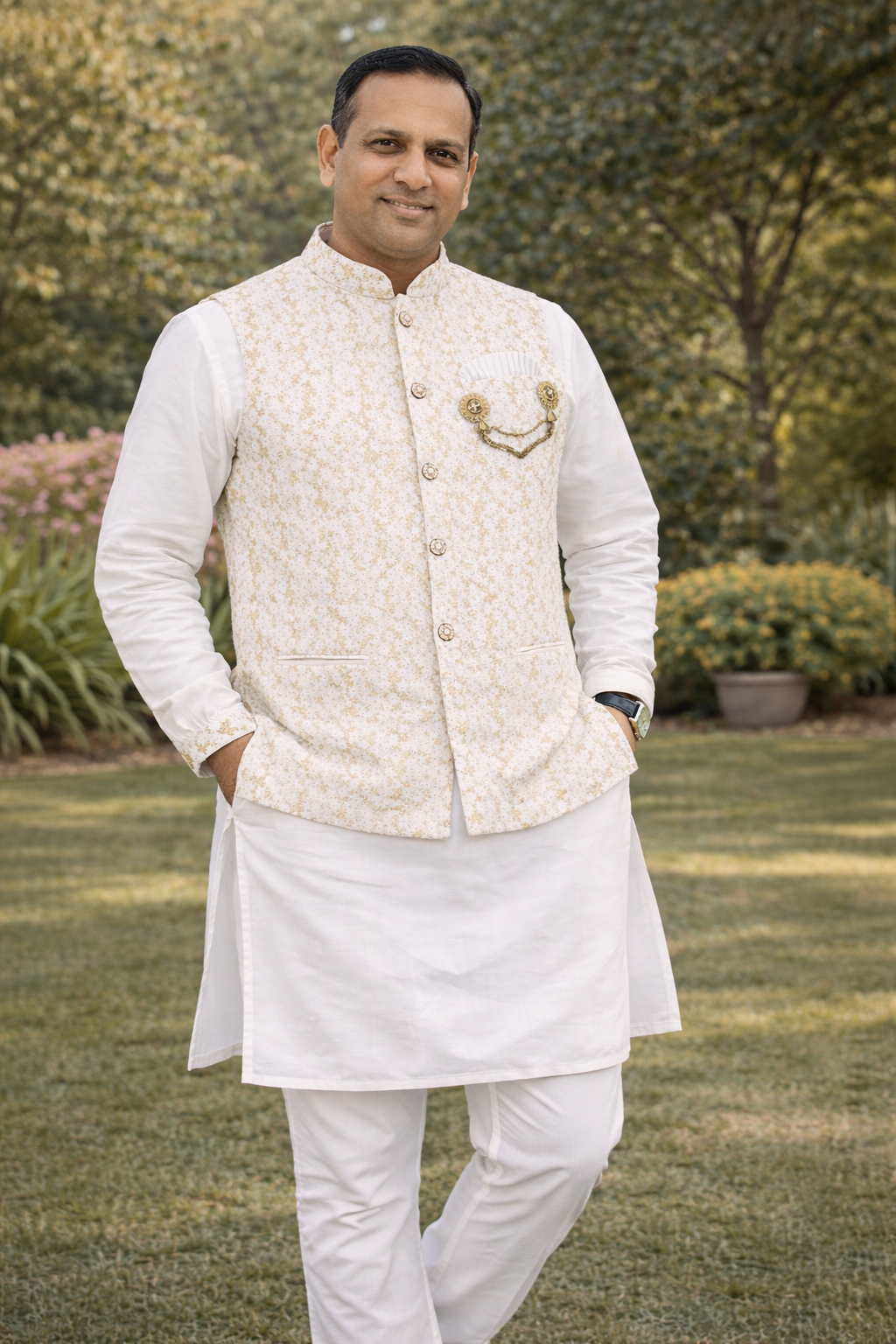 3 Piece Kurta Pajama with Jacket Set, Men's Kurta set with Golden White Embroidered Jacket, Festive & Party Wear, KPJ - 2061