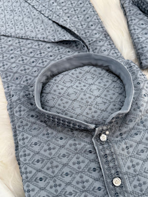 Gray Chikankari Rayon with Sequins 2 Piece Kurta Pajama Set, Father or Son's Outfit, DM -1981