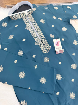Men’s Teal Blue Shade Embroidered Kurta Pajama Set | Open Neck Kurta with Ivory Trouser Pants | Indian Wedding & Festive Wear, KP-4069