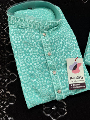 Men & Boys Turquoise Teal Rayon Chikankari with Sequins Kurta Pajama Set | Matching Father Son Option Festive Outfit with Sequin Work, DM -1423