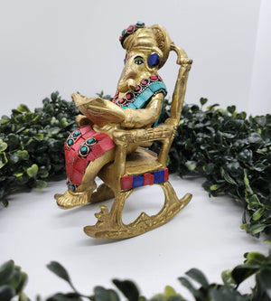 6" Lord Ganesha Reading Book on Rocking Chair- Pure Brass, GIB-1032