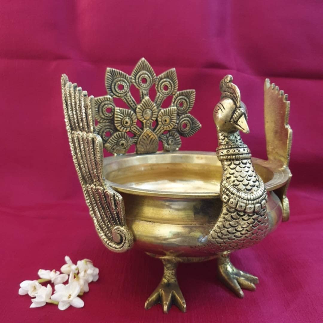 10" Peacock Urli in Brass, Brass Decorative Pot for floating Diya/Flower/Candle for Home / Office / Hotel Decor, Urli Bowl, UBB - 1047