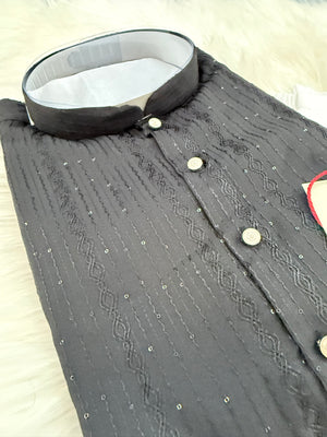 Men’s Black Sequins Embroidered Kurta Pajama Set – Indian Wedding & Partywear Traditional 2PC Outfit, Size 58 , 5XL, KP-2023