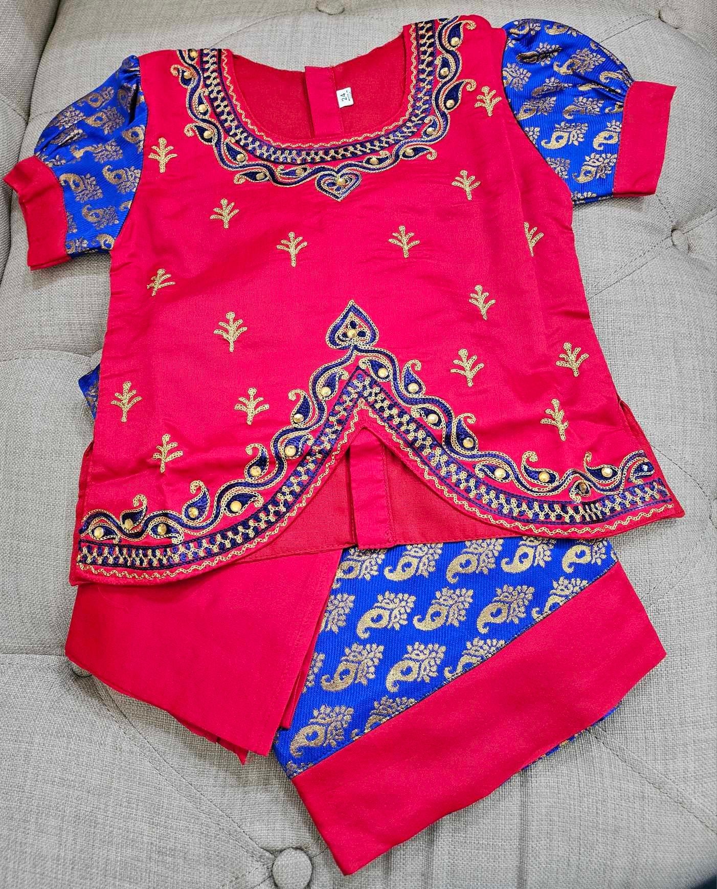 Traditional Silk Pattu Pavadai Red Blue Lehnga Choli, Design GRL -1053