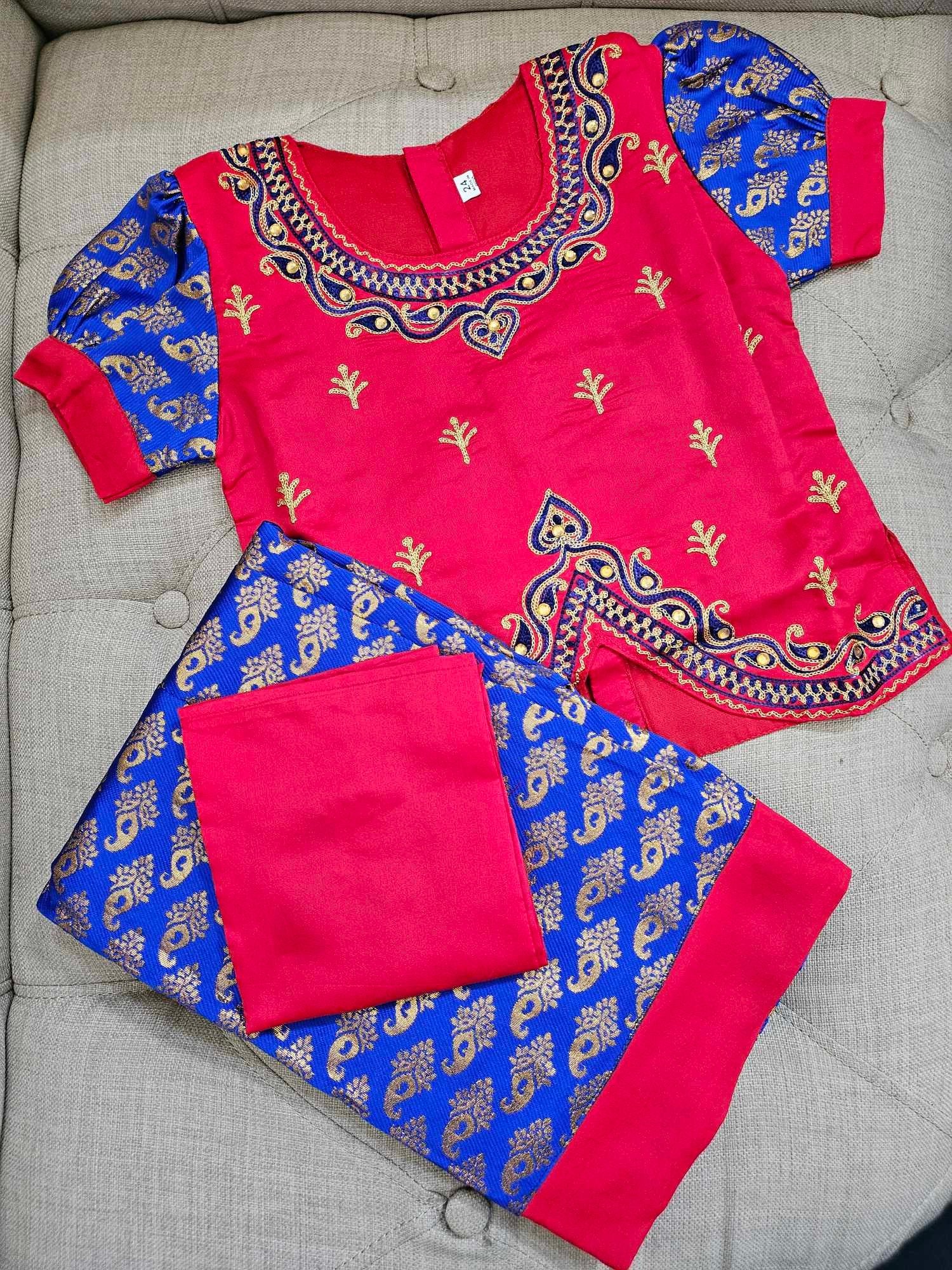 Traditional Silk Pattu Pavadai Red Blue Lehnga Choli, Design GRL -1053