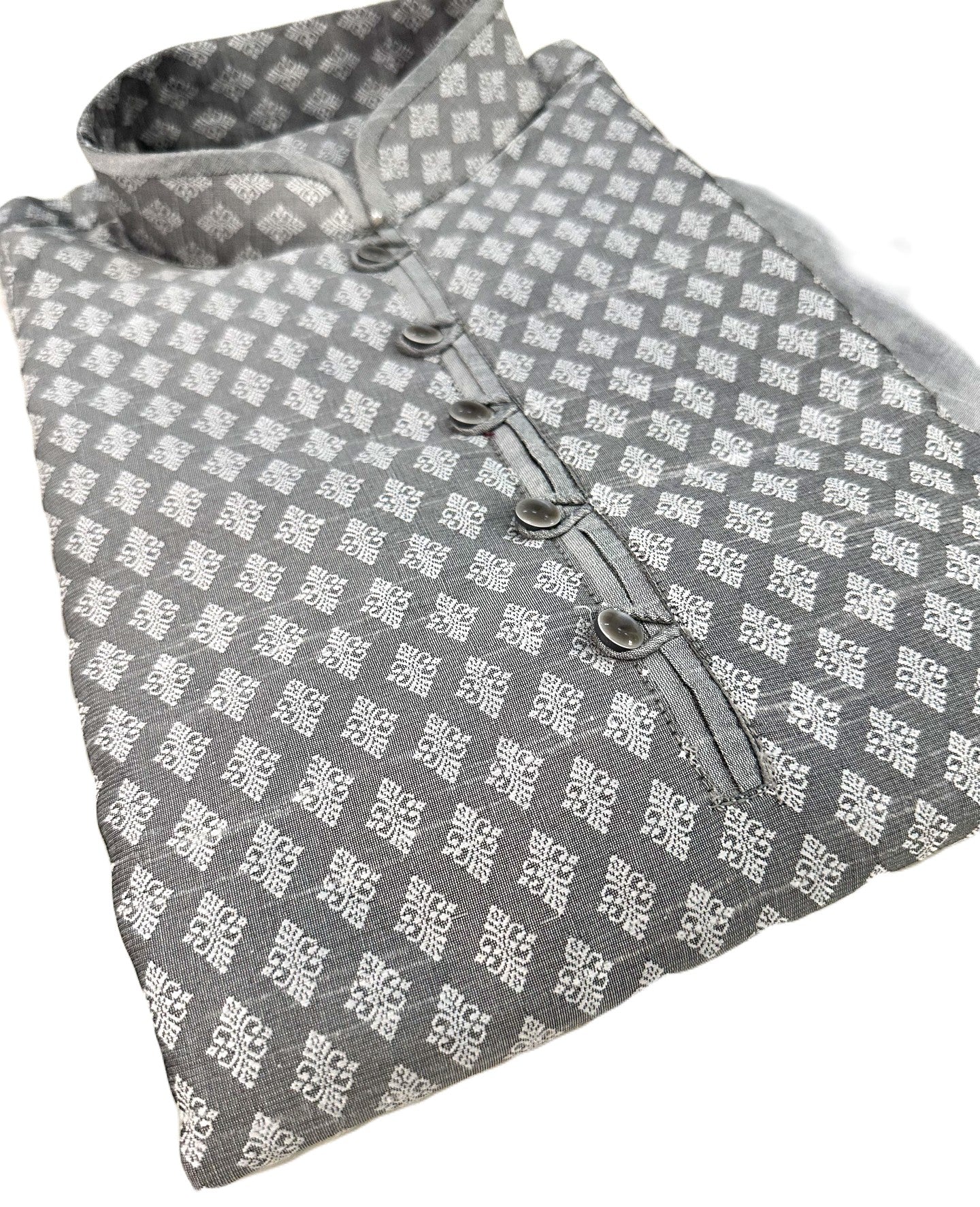Size 42 Silver Gray Jacquard Silk Kurta Pajama Set, Design KPS- 1060