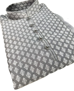 Size 42 Silver Gray Jacquard Silk Kurta Pajama Set, Design KPS- 1060