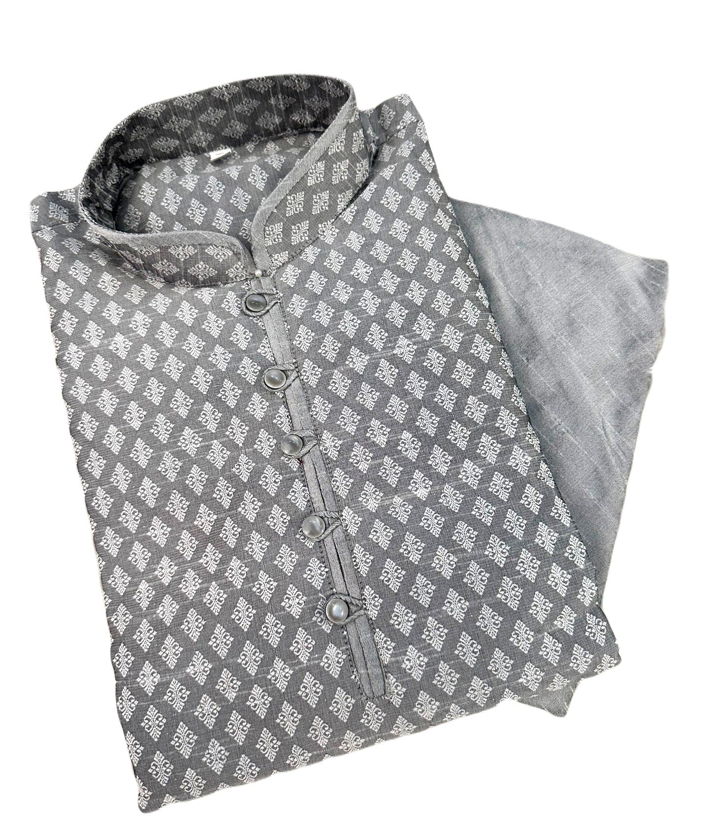 Silver Gray Jacquard Silk Kurta Pajama Set, Design KPS- 1060