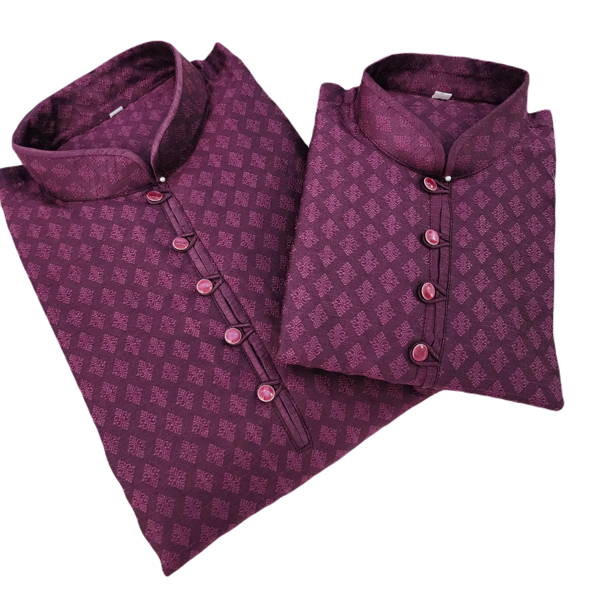 Size 48, Man's Sangria Violet Shade Jacquard Silk 2 Piece Kurta Pajama Set, Father & Son's Outfit, DM -1061