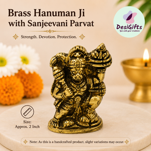 Brass Hanuman Carrying Sanjeevani Parvat – Approx. 2" Mini Pooja Idol for Home & Car, HM-106