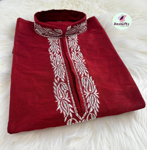 Rose Red Full Sleeve Embroidered Short Kurta -Silk Design SK - 1081