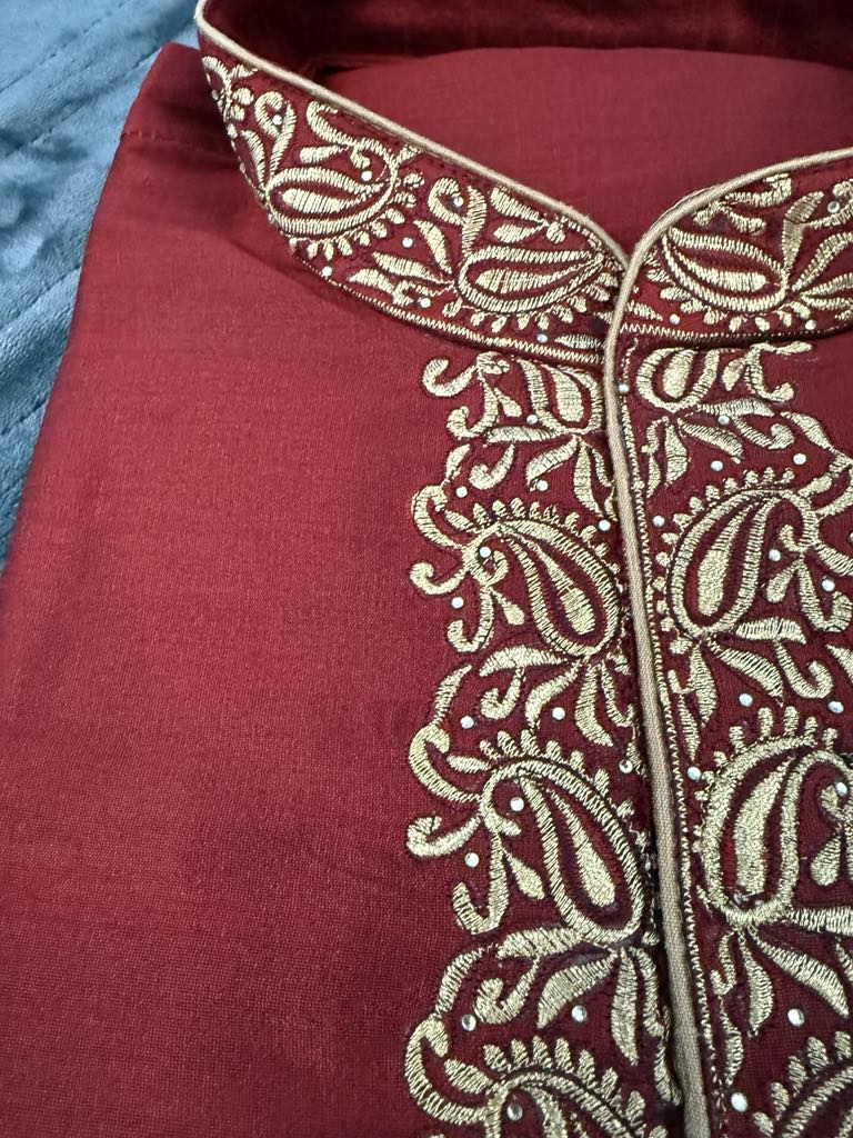 Rose Red Full Sleeve Embroidered Short Kurta for Man -Silk Design SK - 1081