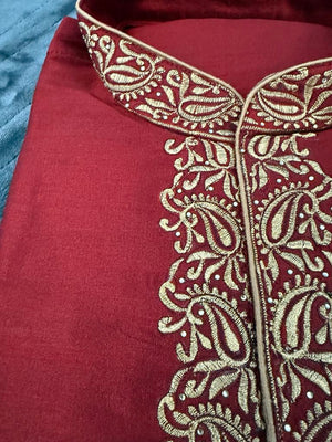 Rose Red Full Sleeve Embroidered Short Kurta for Man -Silk Design SK - 1081