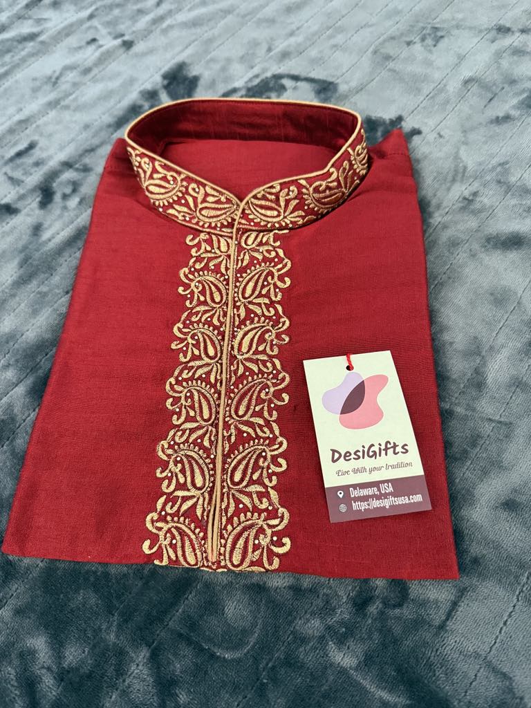 Rose Red Full Sleeve Embroidered Short Kurta for Man -Silk Design SK - 1081