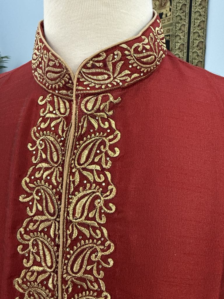 Rose Red Full Sleeve Embroidered Short Kurta for Man -Silk Design SK - 1081