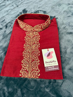 Rose Red Full Sleeve Embroidered Short Kurta for Man -Silk Design SK - 1081