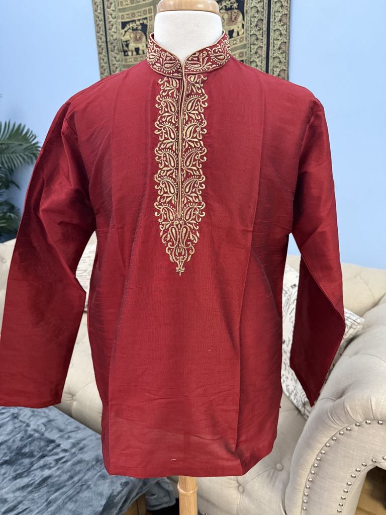 Rose Red Full Sleeve Embroidered Short Kurta for Man -Silk Design SK - 1081