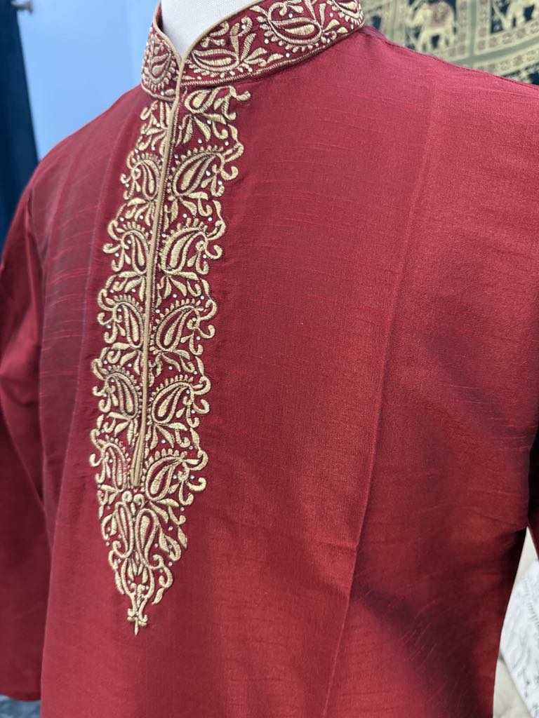 Rose Red Full Sleeve Embroidered Short Kurta for Man -Silk Design SK - 1081