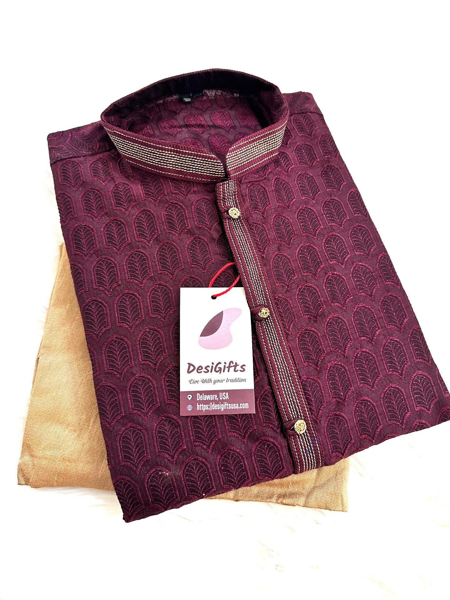 Size 40, Sangria Maroon Jacquard Silk Kurta Pajama Set, Design KPS- 1089