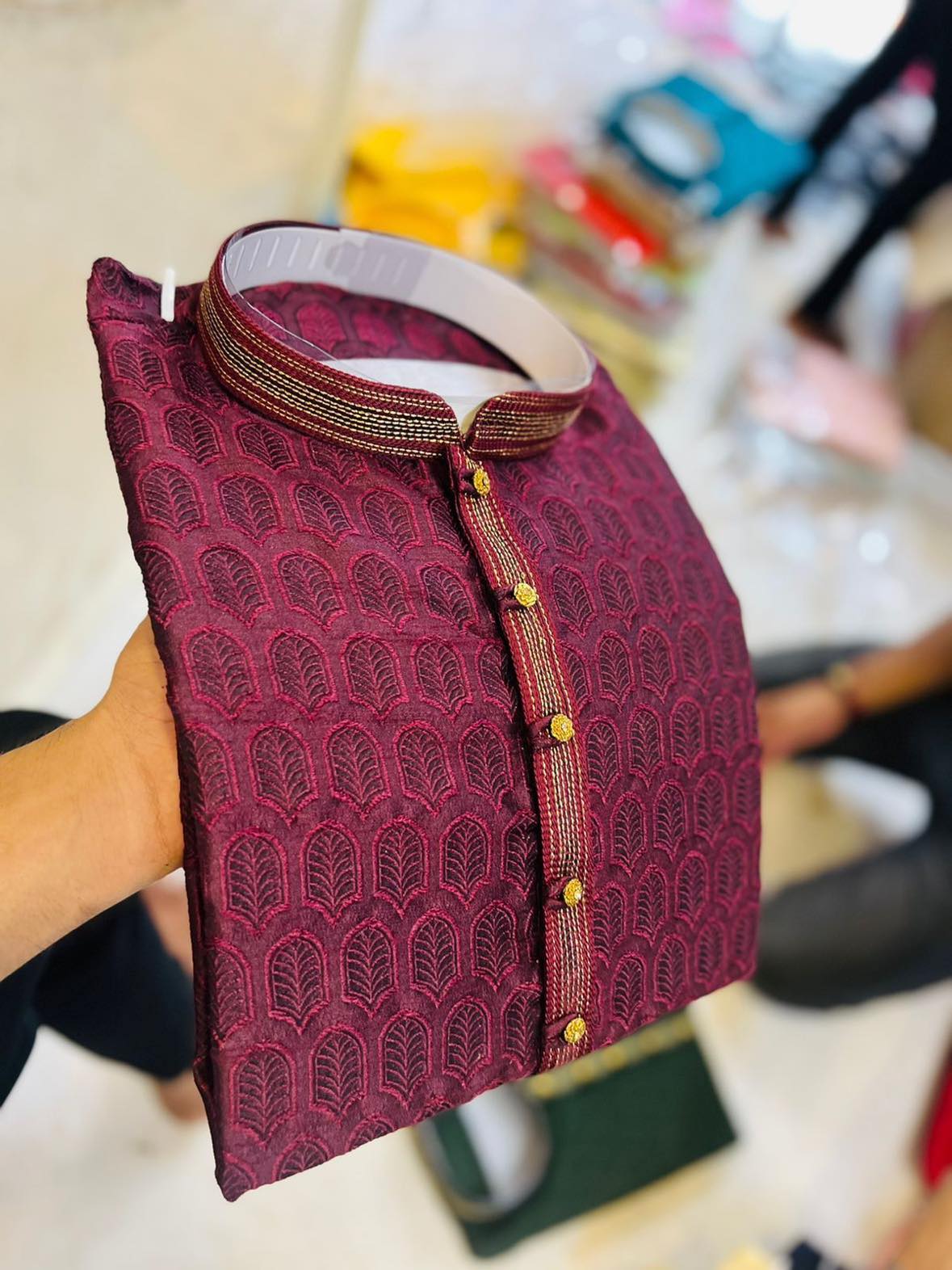 Size 40, Sangria Maroon Jacquard Silk Kurta Pajama Set, Design KPS- 1089