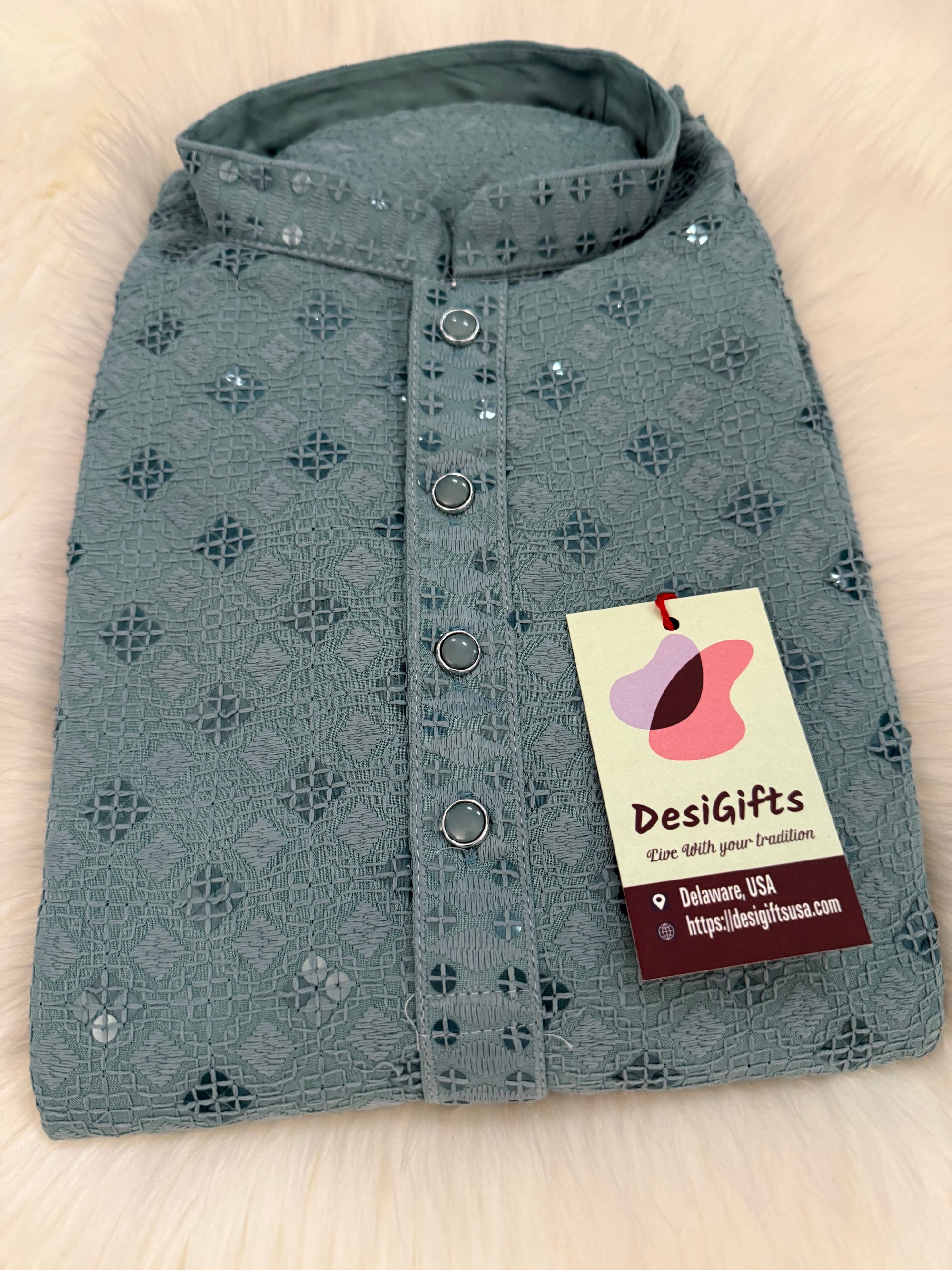 Gray Chikankari Shirt-Style Short Kurta with Sequins – Ethnic Casual Kurta SK - 1933