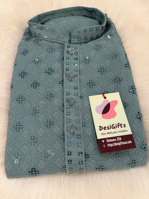 Gray Chikankari Shirt-Style Short Kurta with Sequins – Ethnic Casual Kurta SK - 1933