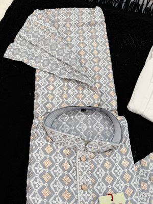 Gray Shade Men's Kurta Pajama set with Embroidery and Sequins. Two-piece Indian traditional outfit., KP - 2026