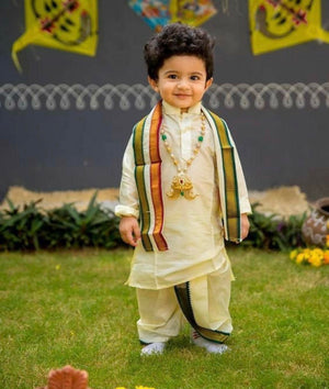 3 Piece Toddler Boy's Cotton Silk Kurta with Dhoti, Kids Cultural Traditional Dhoti Kurta Design- Boy-1110
