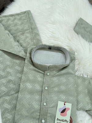 Father & Son Matching option in Dusty Sage Green Kurta Pajama Set | Geometric Jacquard Kurta with Pants | Indian Wedding & Festive Wear, DM-4030
