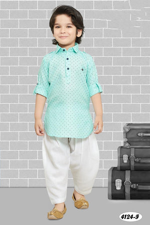 Boy's Cotton Silk Pathani Dress, Kids Mint Green Kurta Pajama Design- Boy-1112