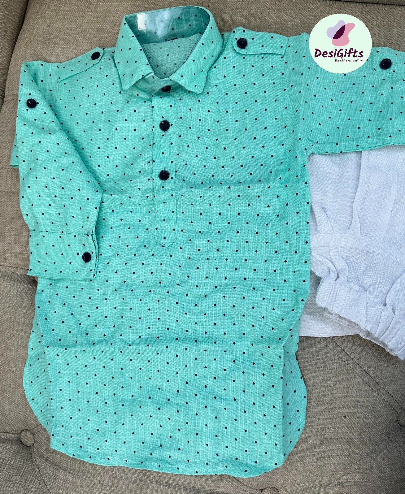 Boy's Cotton Silk Pathani Dress, Kids Mint Green Kurta Pajama Design- Boy-1112