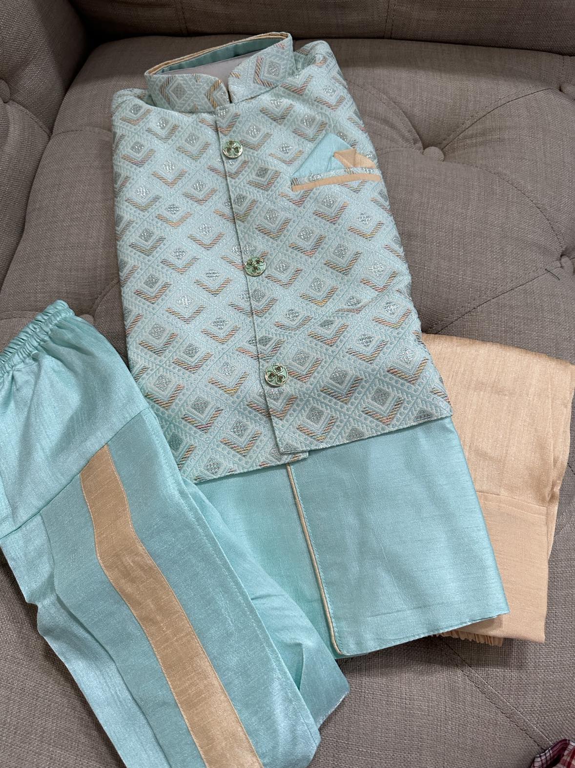 4 Piece Boy's Cotton Silk Dress with Jacket, Dhoti and Pajama- Design B-1114