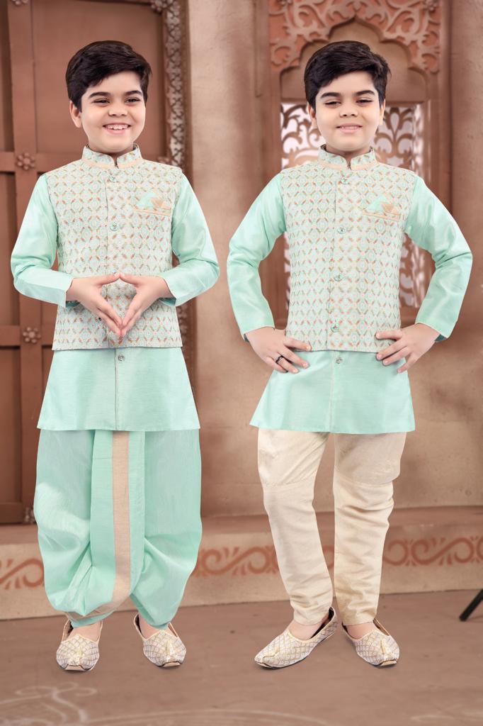 4 Piece Boy's Cotton Silk Dress with Jacket, Dhoti and Pajama- Design B-1114