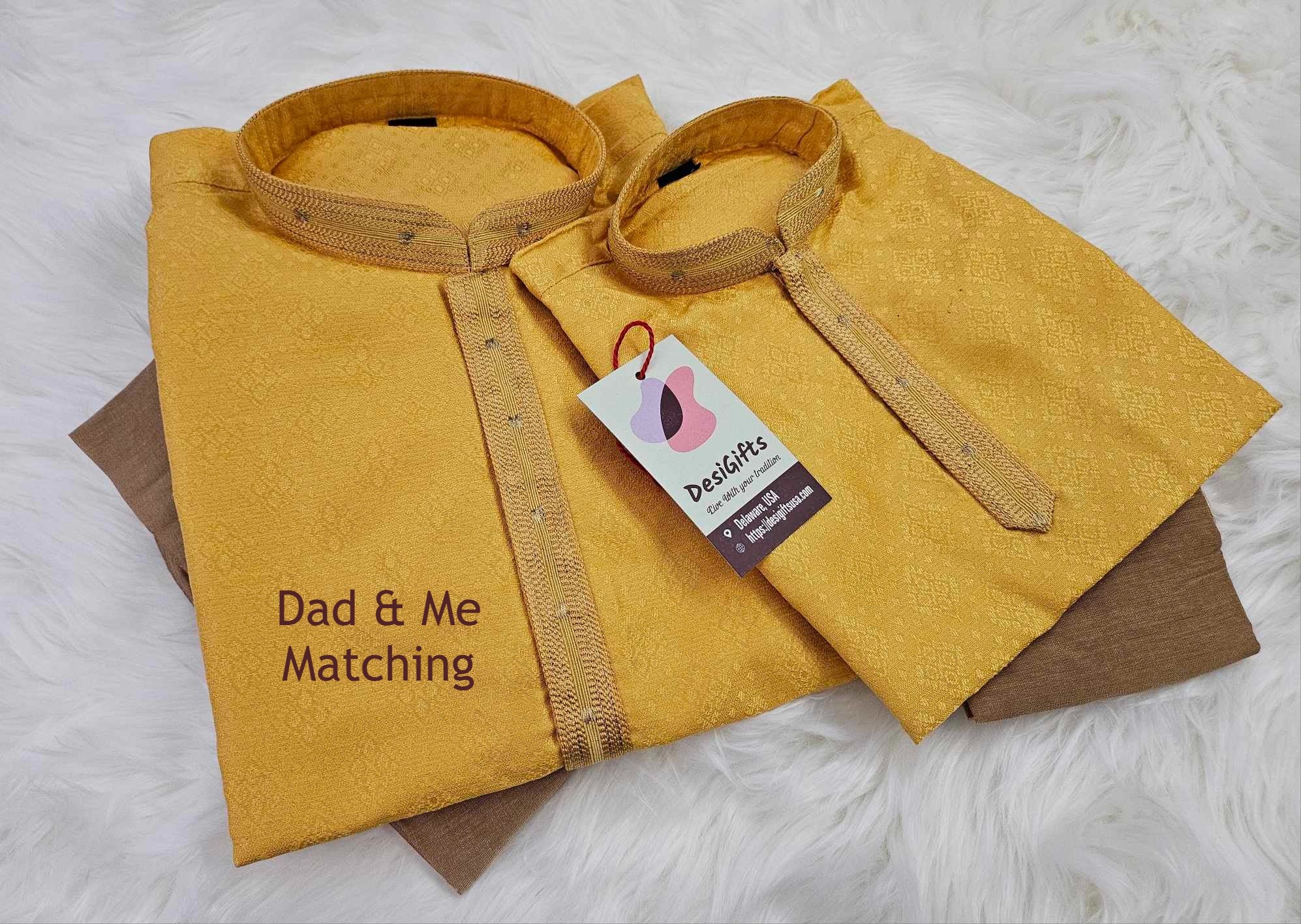 Honey Yellow Shade 2 Piece Lightweight Kurta Pajama Set with Self Woven Work, Father & Son's Outfit, DM -1133