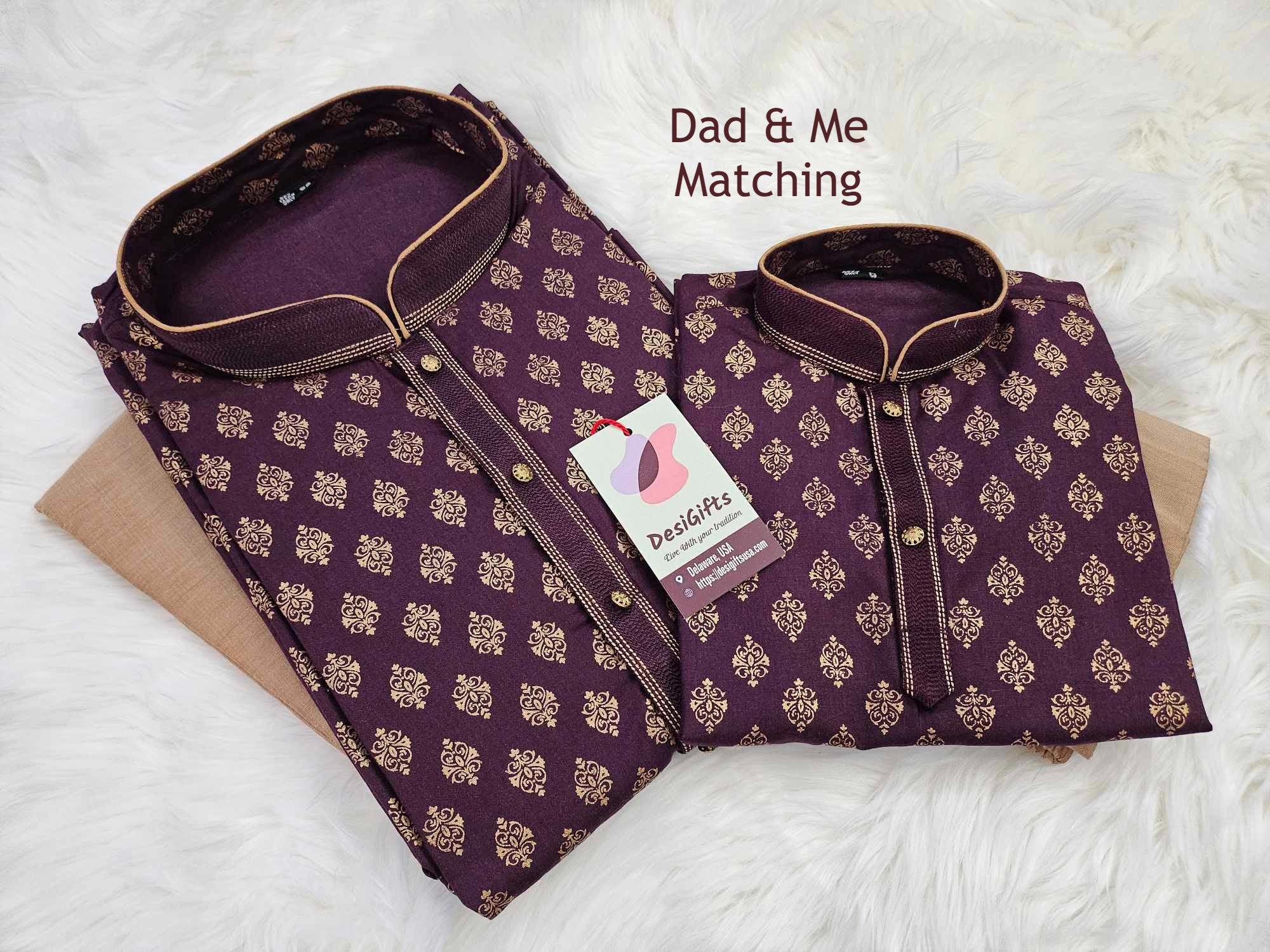 Wine Shade 2 Piece Soft Cotton Silk Kurta Pajama Set with Golden Work, Father & Son's Outfit, DM -1136