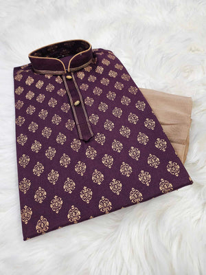 Wine Shade 2 Piece Soft Cotton Silk Kurta Pajama Set with Golden Work, Father & Son's Outfit, DM -1136