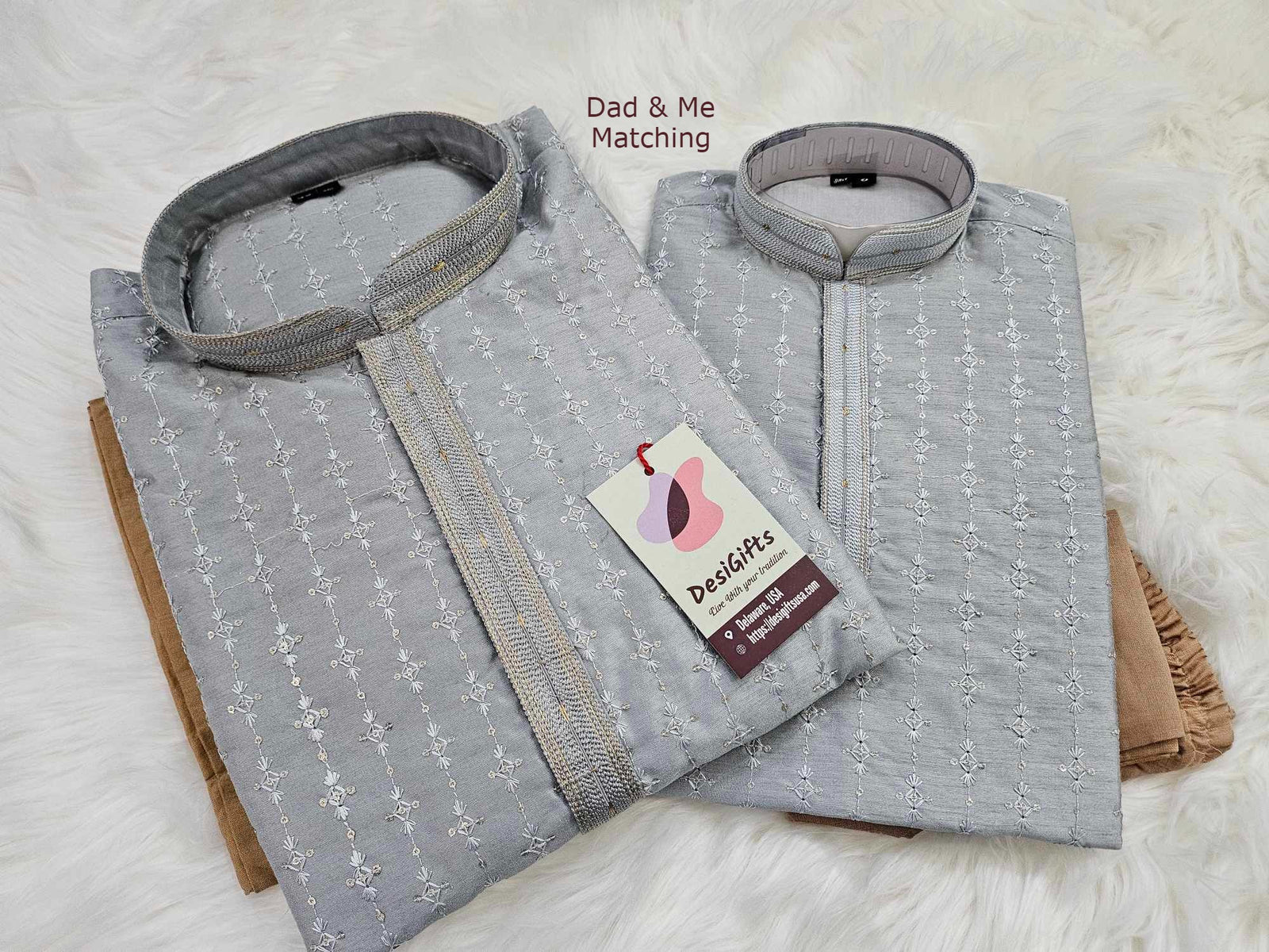 Flint Gray Shade 2 Piece Kurta Pajama Set with Sequins Work, Father & Son's Outfit, DM -1137