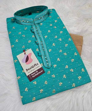 Plus Size, Bright Teal Shade 2 Piece Kurta Pajama Set with Golden Print, Father & Son's Outfit, DM -1139