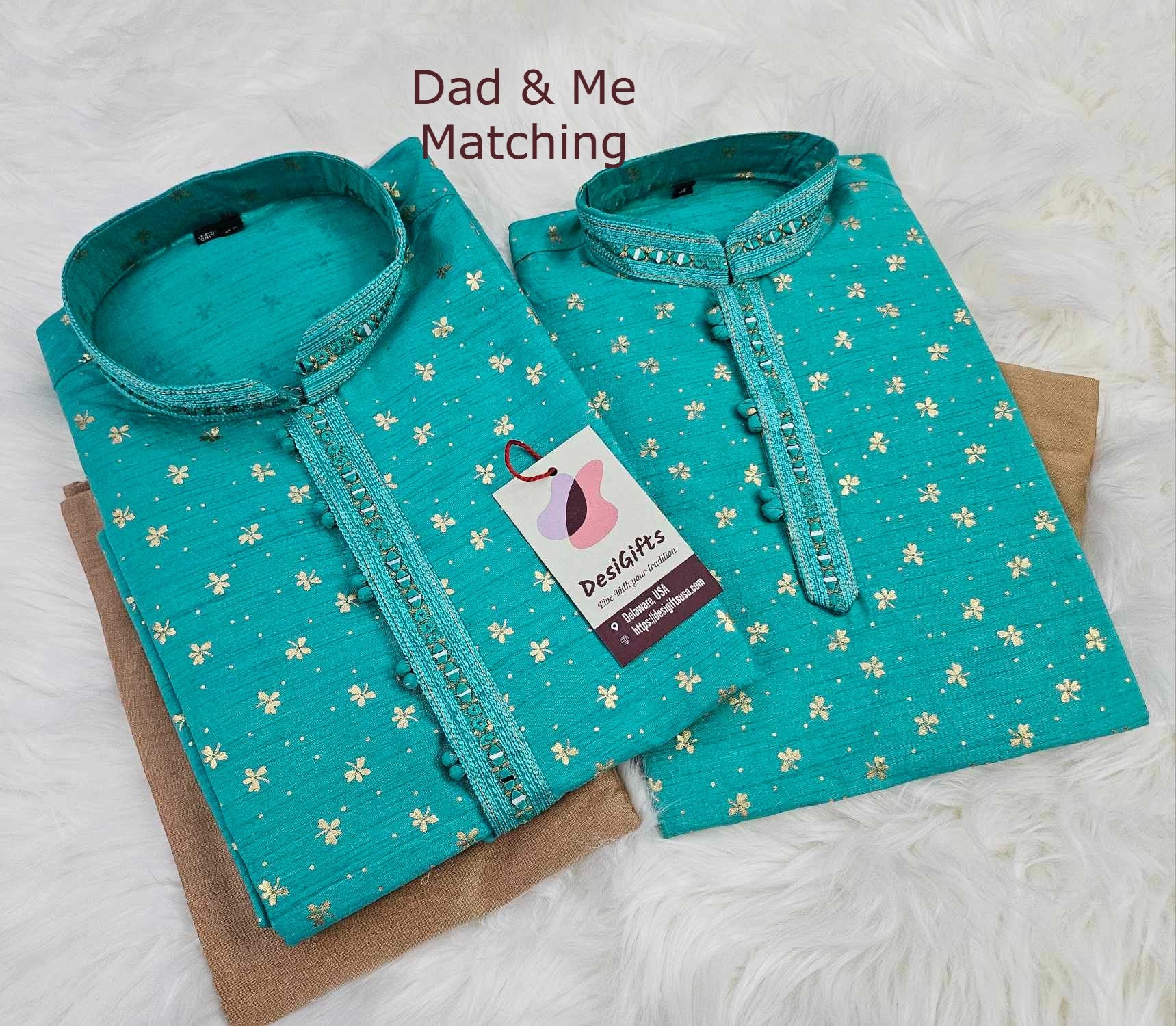 Plus Size, Bright Teal Shade 2 Piece Kurta Pajama Set with Golden Print, Father & Son's Outfit, DM -1139