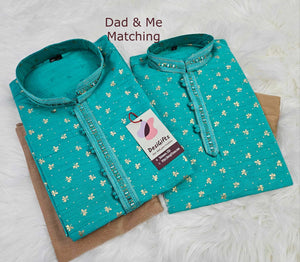 Bright Teal Shade 2 Piece Kurta Pajama Set with Golden Print, Father & Son's Outfit, DM -1139