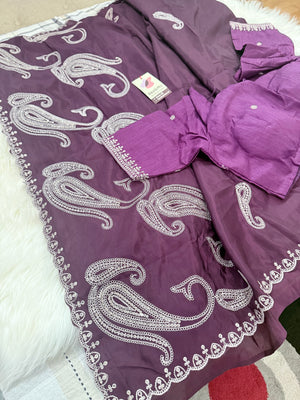 Ready-to-Wear Embroidered Saree with Stitched Blouse, Fall & Pico Done, Indian Wedding & Festive Sari, 4 Colors, S- 3080