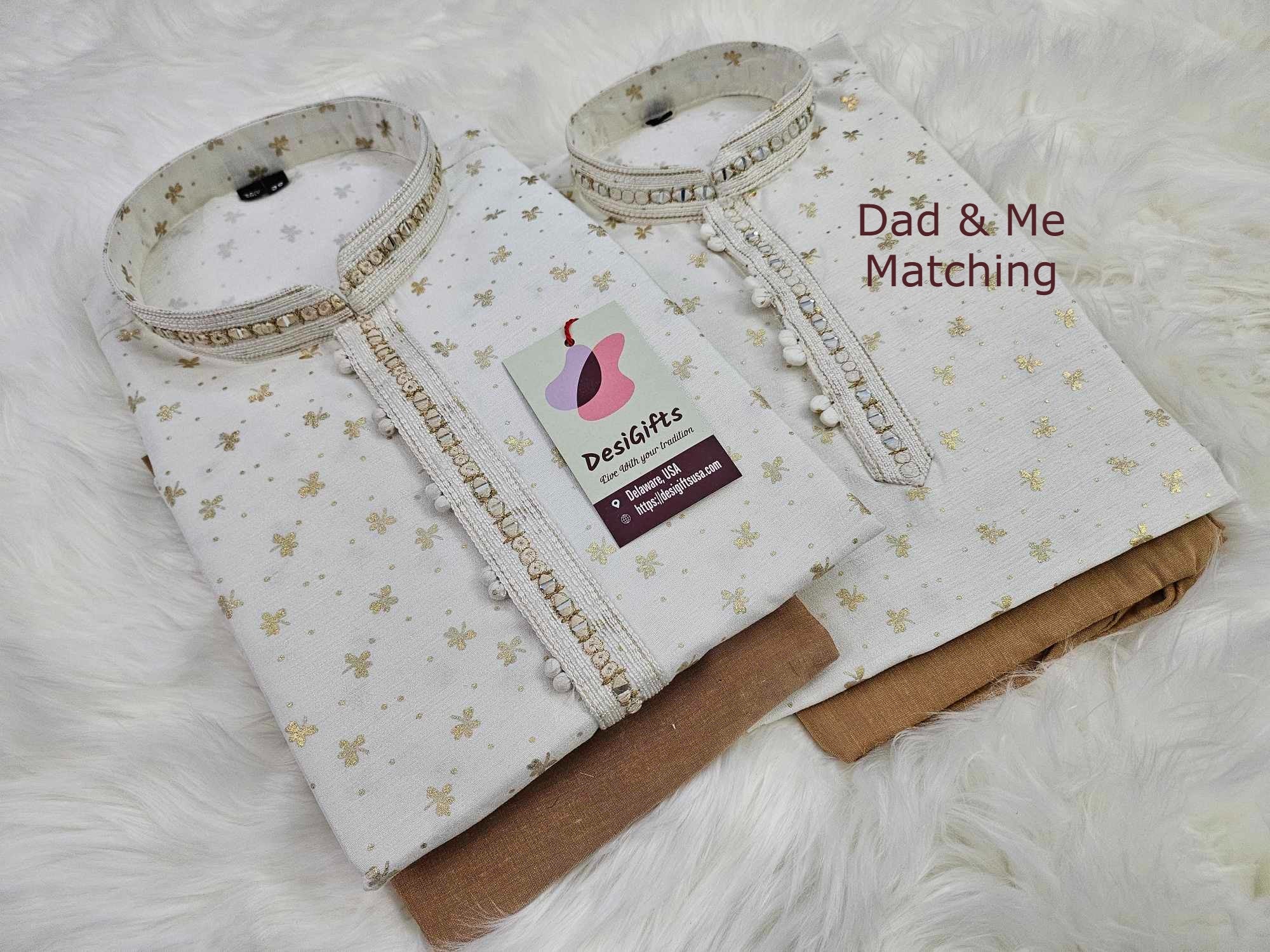 Timeless Cream Shade 2 Piece Kurta Pajama Set with Golden Print, Father & Son's Outfit, DM -1140