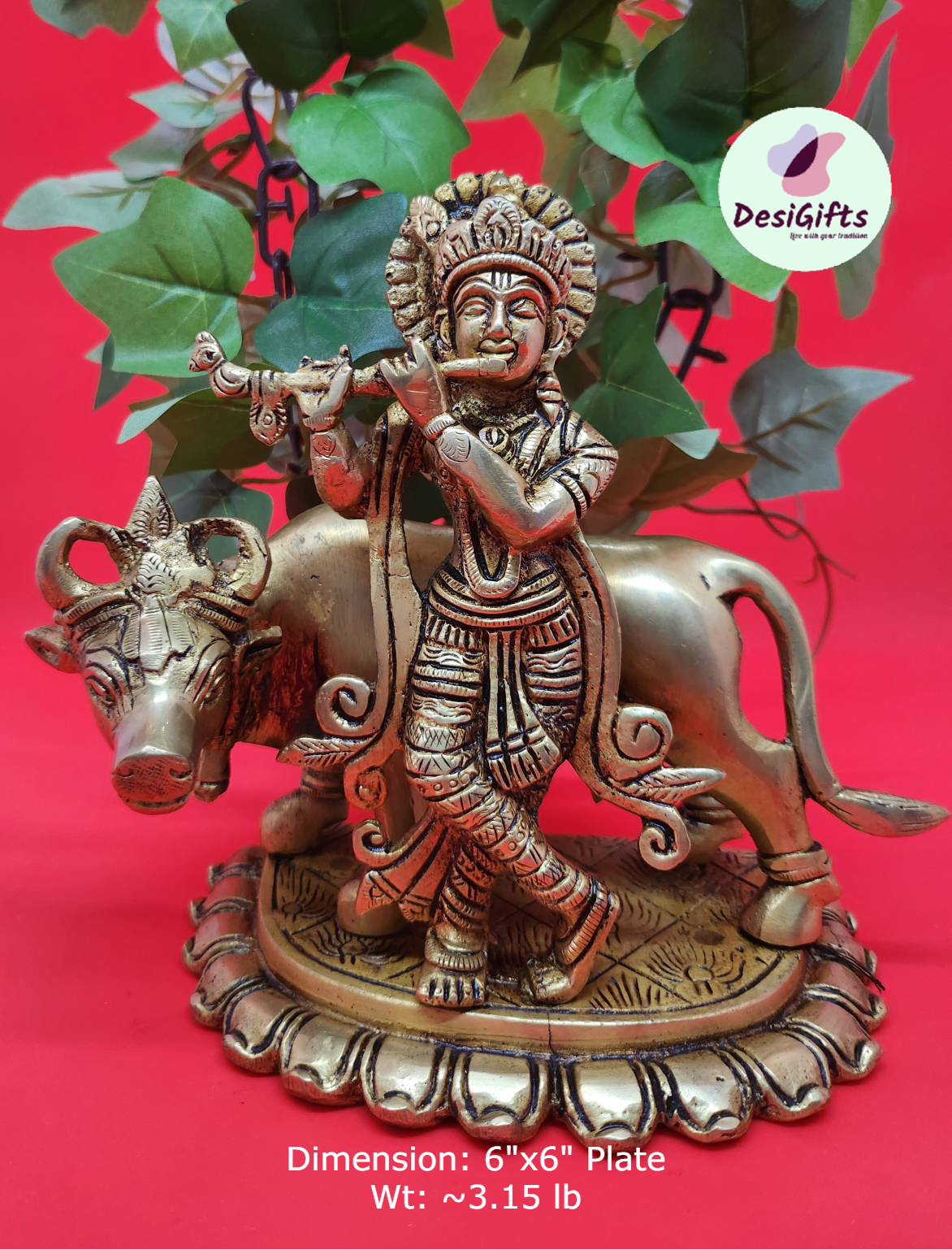 6" Krishna Standing with Cow in Brass Antique Finish, RKSB-1041