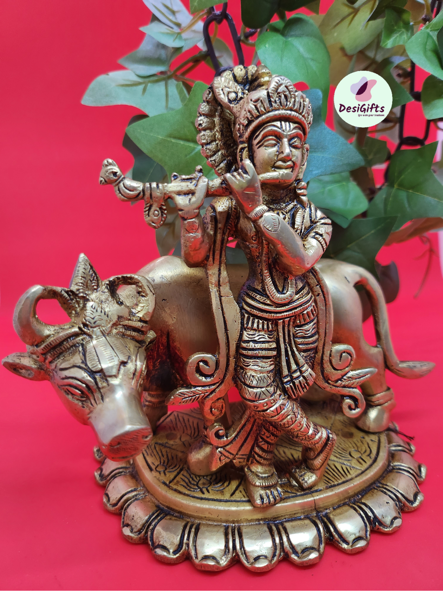 6" Krishna Standing with Cow in Brass Antique Finish, RKSB-1041
