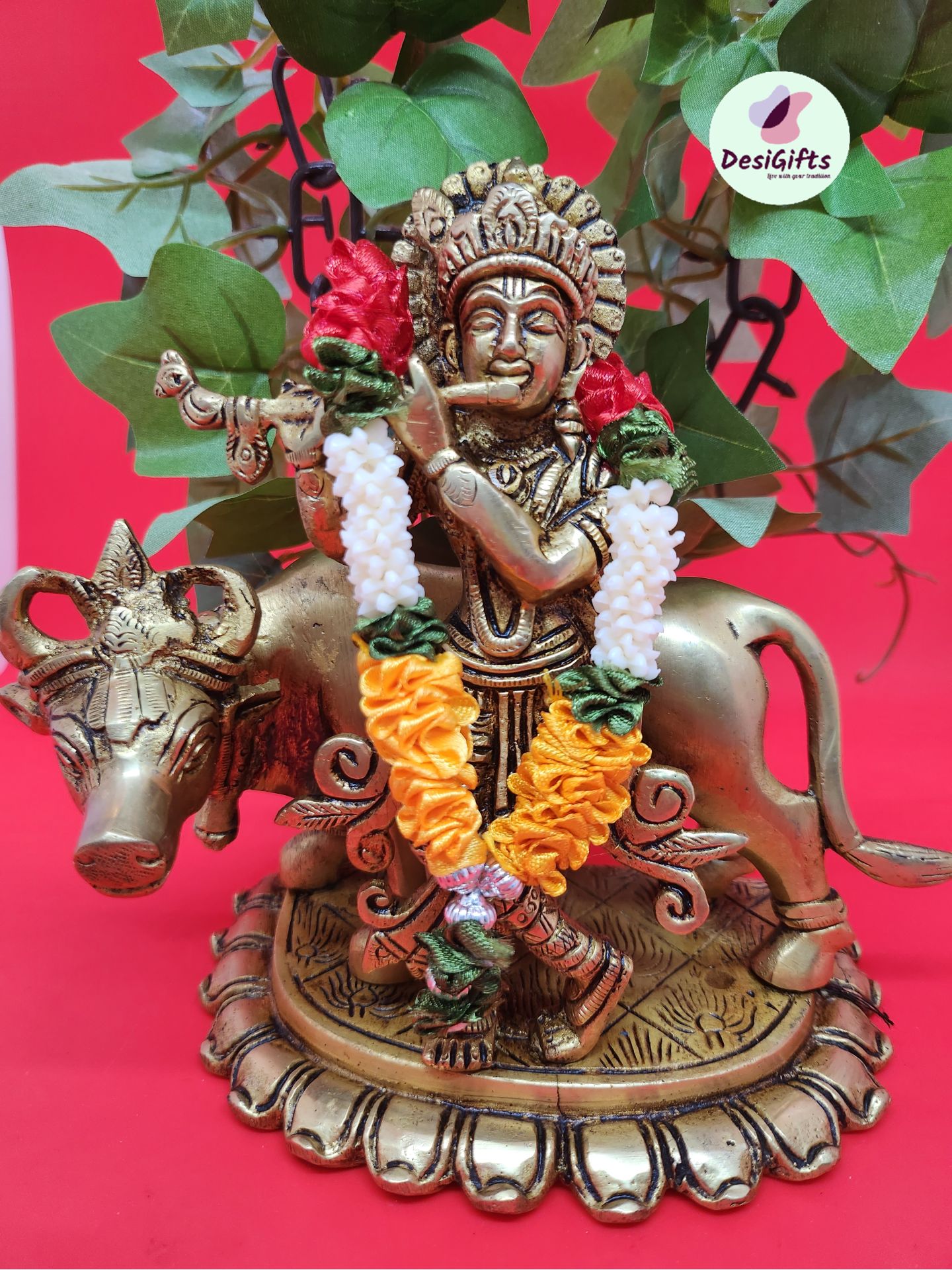 6" Krishna Standing with Cow in Brass Antique Finish, RKSB-1041