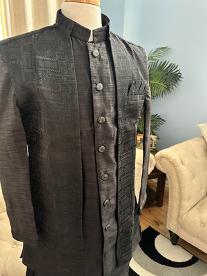 3 Piece Charcoal Black Kurta Pajama with Long Jacket Set, Cotton Silk, Father & Son's Outfit, DM - 1142
