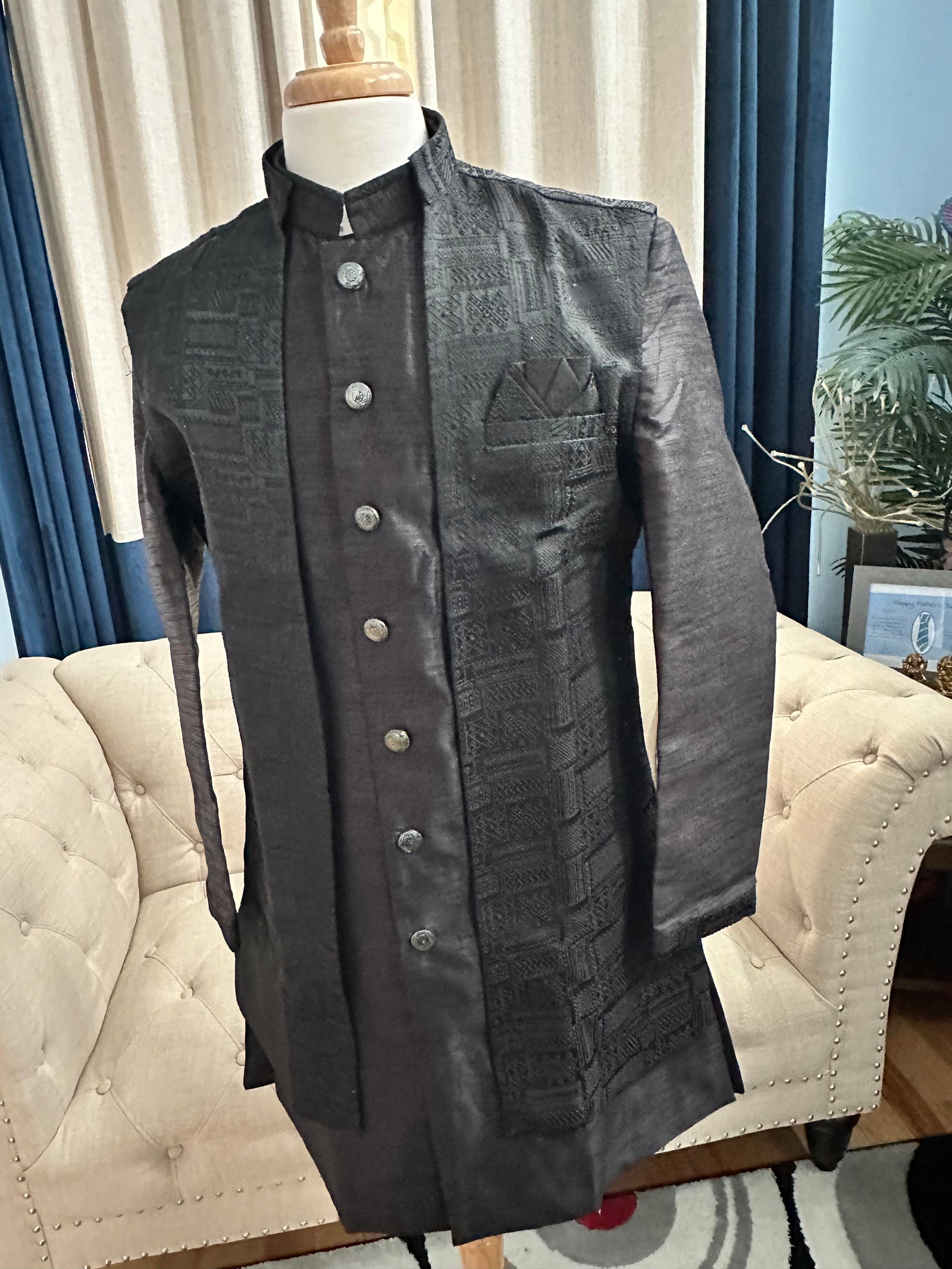 3 Piece Charcoal Black Kurta Pajama with Long Jacket Set, Cotton Silk, Father & Son's Outfit, DM - 1142